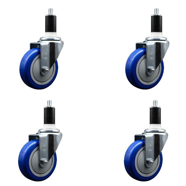 4'' Blue Poly Wheel Swivel 1-3/8'' Expanding Stem Caster Set, 4PK